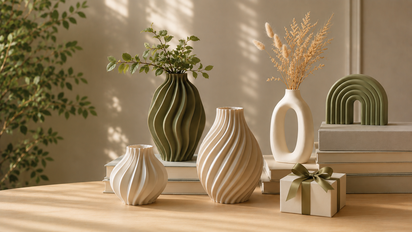 Vasos decorativos, arco-íris escultural e presente personalizado em estante com luz natural